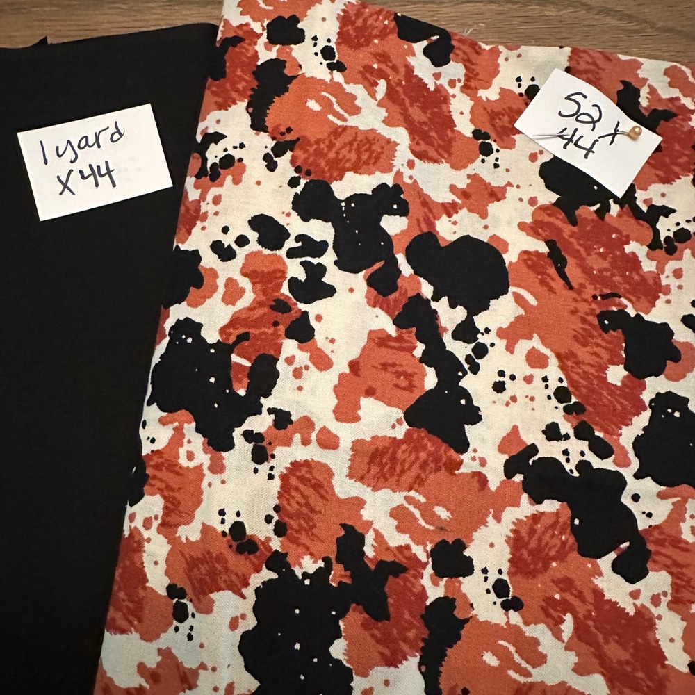 Cow Print and Solid Black Cotton Fabric Bundle 2.4 Yards Total 44 Wide Quilting